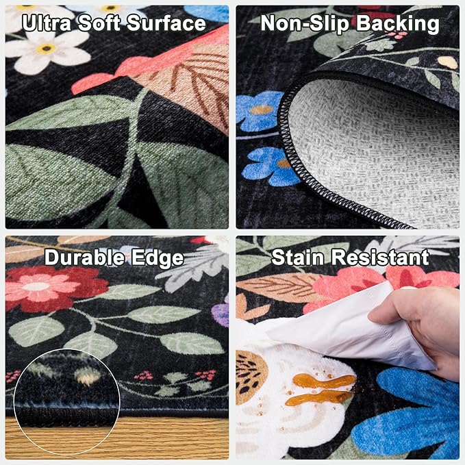 Round Area Rug for Living Room: 4 ft Floral Washable Circle Rug Soft Boho Non-Slip Carpet Indoor Stain Resistant Low Pile Small Circular Rug for Bedroom Entryway Kitchen Nursery Home Office Black
