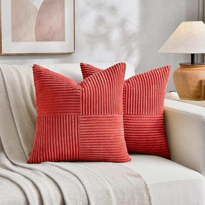 Fancy Homi 2 Packs Red Euro Decorative Throw Pillow Covers 26x26 Inch for Couch Bed Sofa, Holiday Christmas Home Decor Gift, Soft Corss Corduroy Patchwork Textured Square Cushion Case 66x66 cm
