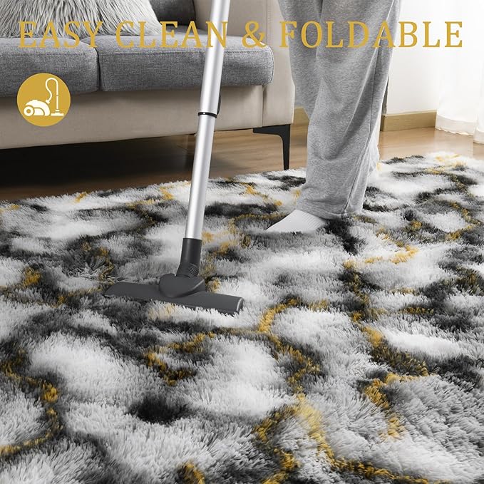 LOCHAS Ultra Soft Indoor Modern Area Rugs Fluffy Living Room Carpets for Children Bedroom Home Decor Nursery Rug 5x8 Feet, Grey-Gold