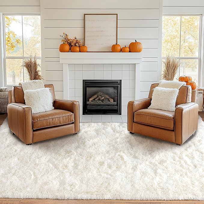 Pionblank 8x10 Rug for Living Room, Fuzzy Plush Large Area Rug, Fluffy Modern Shag Non Slip Soft Furry Carpet for Bedroom Kids Room Nursery Teens Dorm Home Decor, Cream White
