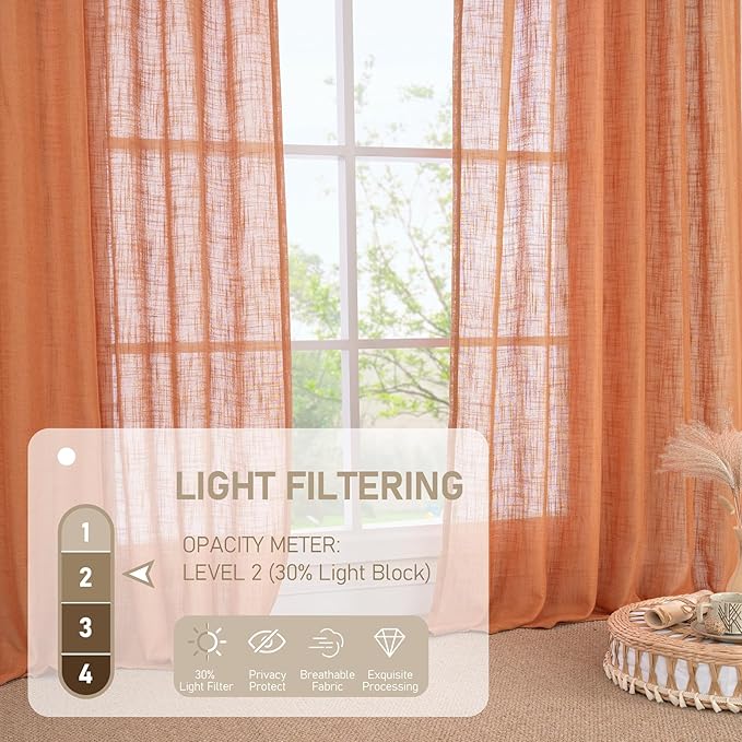 LAMIT Orange Linen Curtains 40 Inch Length, Semi Sheer Light Filtering Panels Back Tab and Rod Pocket Rust Country Decor Drapes for Small Windows/Kitchen, Burnt Orange, 2 Panels, 34 x 40 Inch