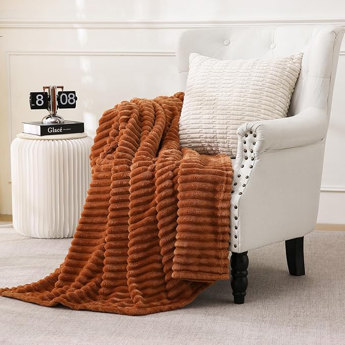 Burnt Orange Fleece Throw Blanket 60”×80” for Couch Sofa Bed,Super Soft Cozy Plush Microfiber Flannel Blanket with Stripes Design Lightweight for Adults,Woman,Girls