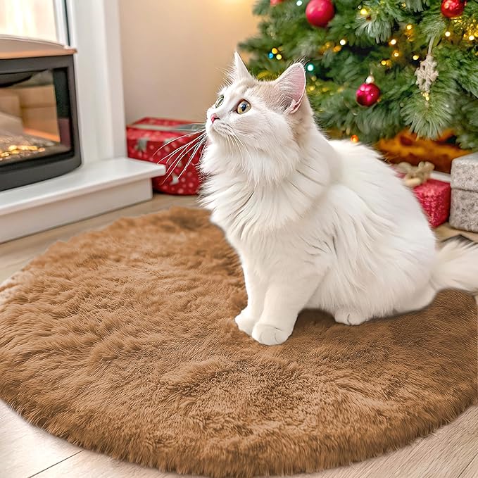 OLANLY Khaki Round Rugs for Bedroom - Machine Washable, 2 ft Circle Area Rugs for Living Room, Soft and Fluffy Shaggy Carpet for Teen Girl and Boys, Nursery Rooms, Dorms, Home Decor Aesthetic