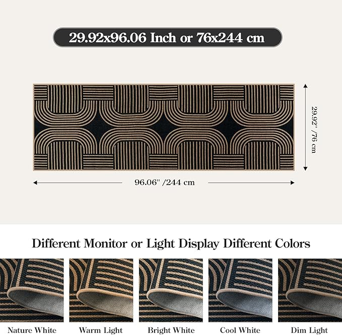 Lahome Enfys Modern Geometric Black Runner Rug, 2x8 Indoor Outdoor Hallway Kitchen Runner Rug with Rubber Backing, Farmhouse Washable Non Slip Non Shedding Floor Carpet for Bedroom Entry Patio