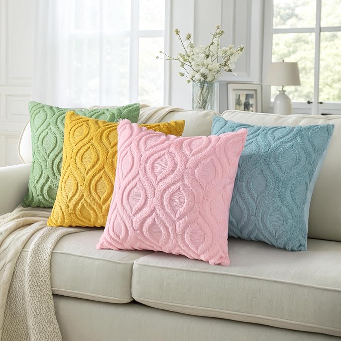 decorUhome Summer Throw Pillow Covers 22x22 Inch Set of 2, Soft Plush Faux Wool Aqua Solid Couch Pillow Covers, Accent Euro Sham Farmhouse Neutral Square Pillow Cases for Sofa Bed Living Room