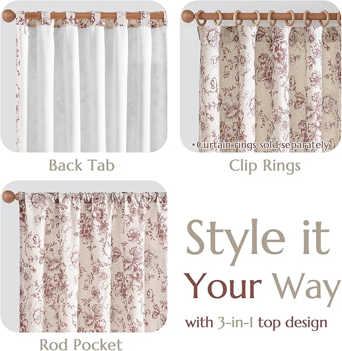 jinchan Lined Linen Blend Curtain Floral Curtains for Living Room 108 Inches Long Farmhouse Red Flower Printed Curtain Rod Pocket Back Tab Peony Patterned Drapes Curtains Set 2 Panels