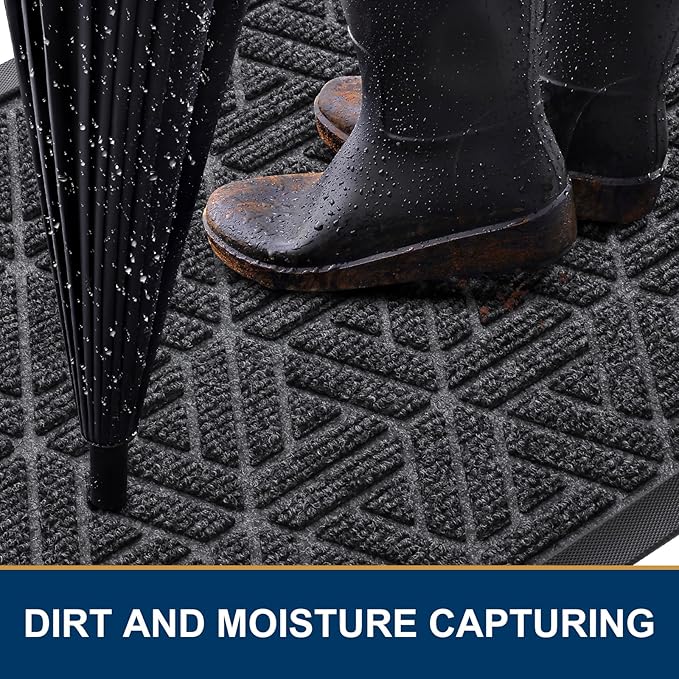 Smiry Front Door Mat Outside Entrance, Heavy Duty Sturdy Natural Rubber Doormat, Trap Dirt and Moisture, Easy Clean Low Profile Mats for Indoor Outdoor Entry, Grid Geometric (35x23, Grey)