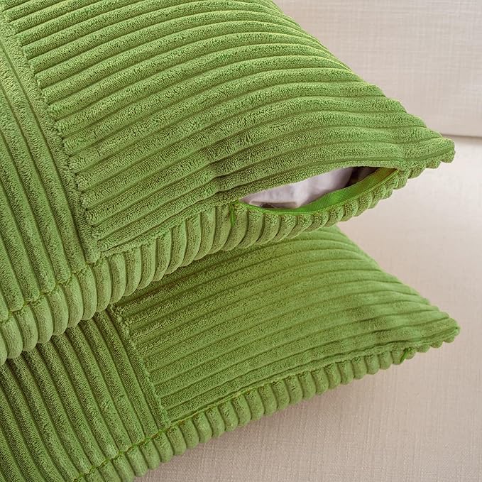 Fancy Homi Set of 2 Lime Green Decorative Throw Pillow Covers 18x18 Inch with for Couch Bed Sofa Living Room, Soft Cross Patchwork Striped Corduroy Modern Square Cushion Case 45x45 cm
