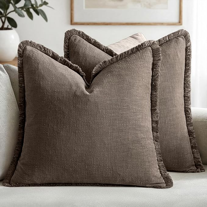 MIULEE Decorative Throw Pillow Covers Neutral Linen Fringe Throw Pillows Euro Shams Set of 2 Natural Coffee Boho Farmhouse Cushion Covers for Couch Sofa Bed Living Room Spring Home Decor 26x26 Inch