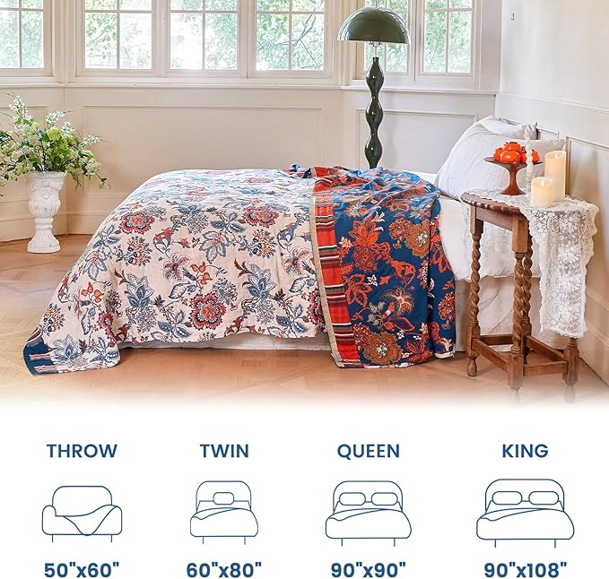MSGKV Boho Throw Blanket 90"x90" 100% Cotton Floral Blanket for Bed Spring Breathable Lightweight Queen Blankets All Seasons Home Decor Muslin