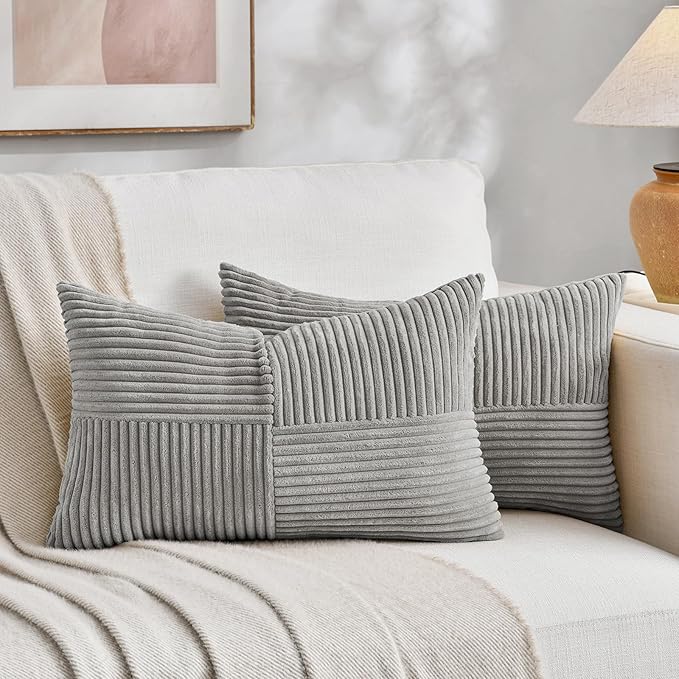 Fancy Homi 2 Packs Grey Lumbar Decorative Throw Pillow Covers 16x32 Inch for Living Room Couch Bed Sofa, Rustic Farmhouse Boho Home Decor, Soft Striped Corduroy Rectangle Accent Cushion Case 40x80 cm