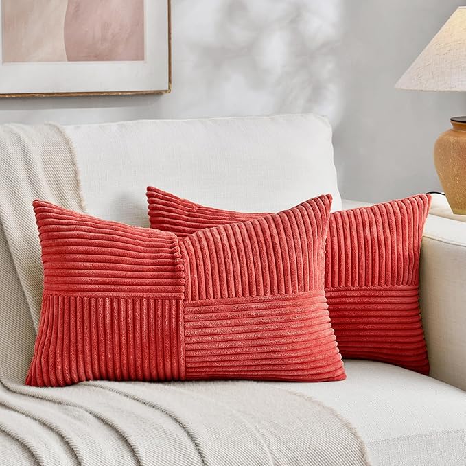 Fancy Homi 2 Packs Red Long Lumbar Decorative Throw Pillow Covers 16x24 Inch for Couch Bed Sofa, Holiday Christmas Home Decor Gift, Soft Striped Corduroy Rectangle Accent Cushion Case 40x60 cm
