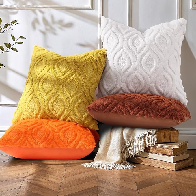 decorUhome Summer Throw Pillow Covers 16x16 Inch Set of 2, Soft Plush Faux Wool Mustard Yellow Solid Couch Pillow Covers, Accent Farmhouse Neutral Square Pillow Cases for Sofa Bed Living Room
