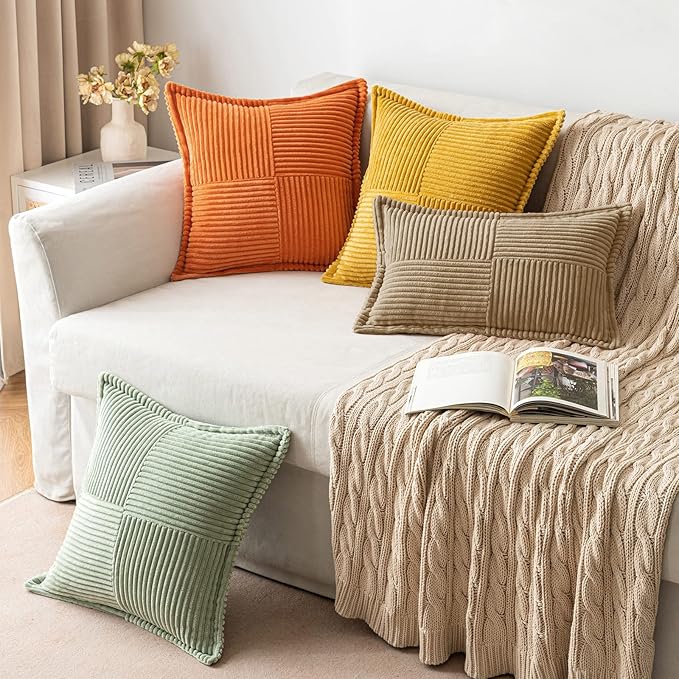 MIULEE Khaki Corduroy Decorative Euro Sham Pillow Covers 24x24 Inch with Splicing Set of 2 Soft Boho Pillow Covers Broadside Textured Pillowcases for Couch Bed Livingroom