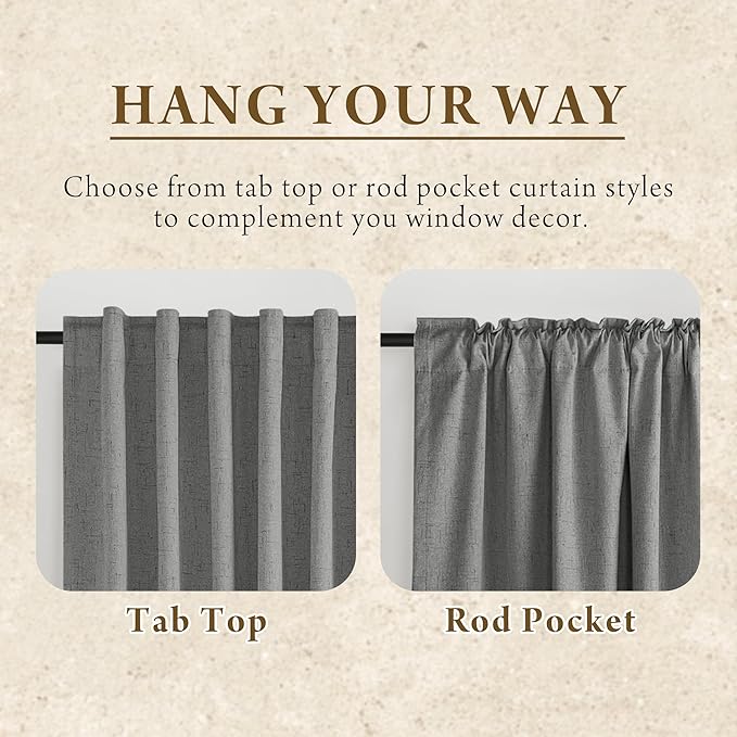 RYB HOME Grey Linen Blackout Curtains for Sliding Glass Door, 100% Blackout Linen Textured Thermal Privacy Modern Drape Panels for Dining Room Large Window, 52" W x 96" L, 2 Panels Set