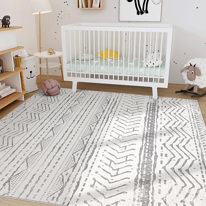 Nakagishi 5x8 Area Rug Living Room: Washable Boho Large Neutral Soft Rugs Farmhouse Stain Resistant Modern Indoor Non-Slip Carpet for Bedroom Nursery Kids Playroom Office Dining Room Dorm- Gray White