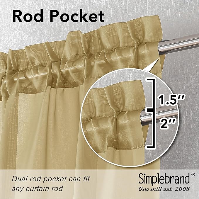Simplebrand Gold Short Sheer Curtains 45 Inch Length for Small Windows, Rod Pocket 2 Panels Set Solid Voile Drapes Window Sheer Curtains for Bedroom Bathroom Kids Room Kitchen, 42x45 Inch, 2pcs