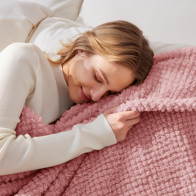 Whale Flotilla Queen Size Fuzzy Fleece Blanket for Bed, 90x90 Inch Fluffy Warm Soft Jacquard Blankets for All Season, Lightweight and Cozy, Pink