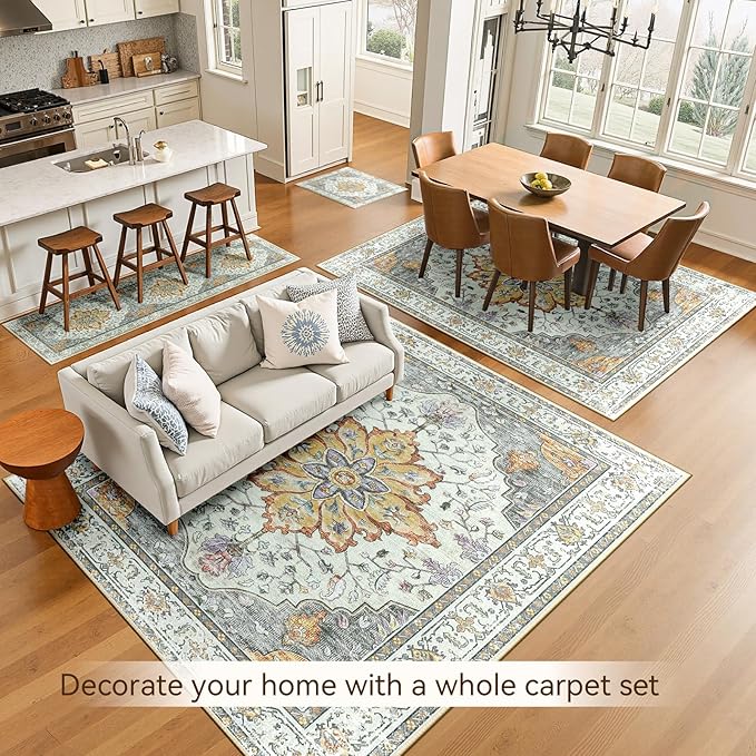 RELEANY Area Rugs 10'x14' Washable Non-Slip, Floral Vintage Distress Print Pattern Medallion Carpet for Living Room Bedroom Dining Room, Light Yellow Carbon Grey Orange