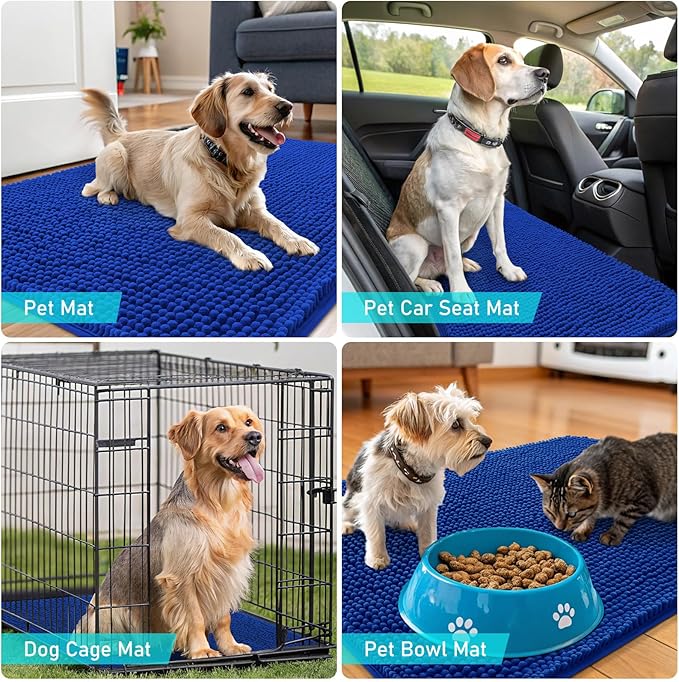 OLANLY Dog Door Mat for Muddy Paws 30x20, Absorbs Moisture and Dirt, Absorbent Non-Slip Washable Doormat, Quick Dry Chenille Mud Mat for Dogs, Entry Indoor Entryway Carpet for Inside Floor, Royal Blue