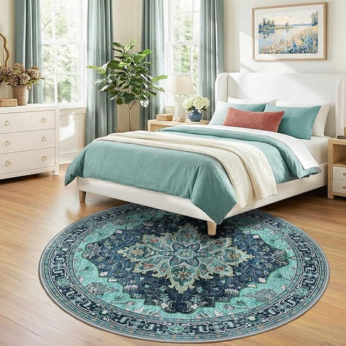 Area Rugs 7ft Washable Non-Slip, Floral Vintage Distress Print Pattern Medallion Carpet for Living Room Bedroom Dining Room, Teal Green Lake Blue Turquoise