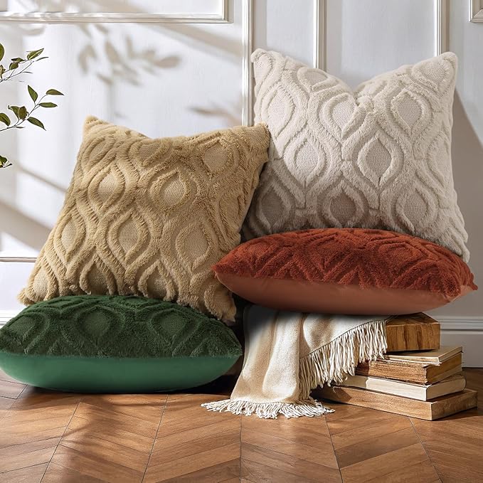 decorUhome Throw Pillow Covers 26x26 Inch Set of 2, Soft Plush Faux Wool Khaki Solid Couch Pillow Covers, Accent Euro Sham Farmhouse Neutral Square Pillow Cases for Sofa Bed Living Room