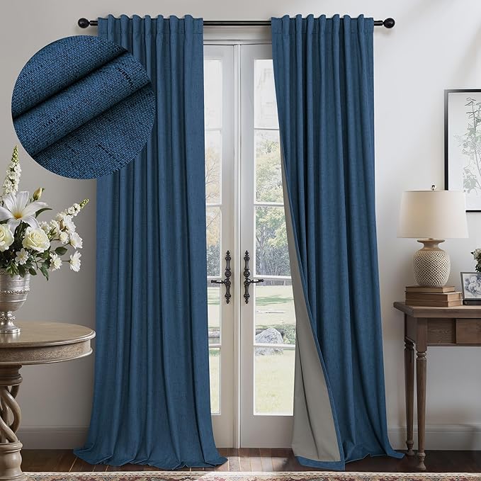 Navy Blue Curtains for Living Room 102 Inch Long 100 Percent Blackout Linen Look Viral Window Curtains for Bedroom Black Out Drapes for Nursery Bedroom Dorm 52x102 Length 2 Panels Midnight Royal Blue