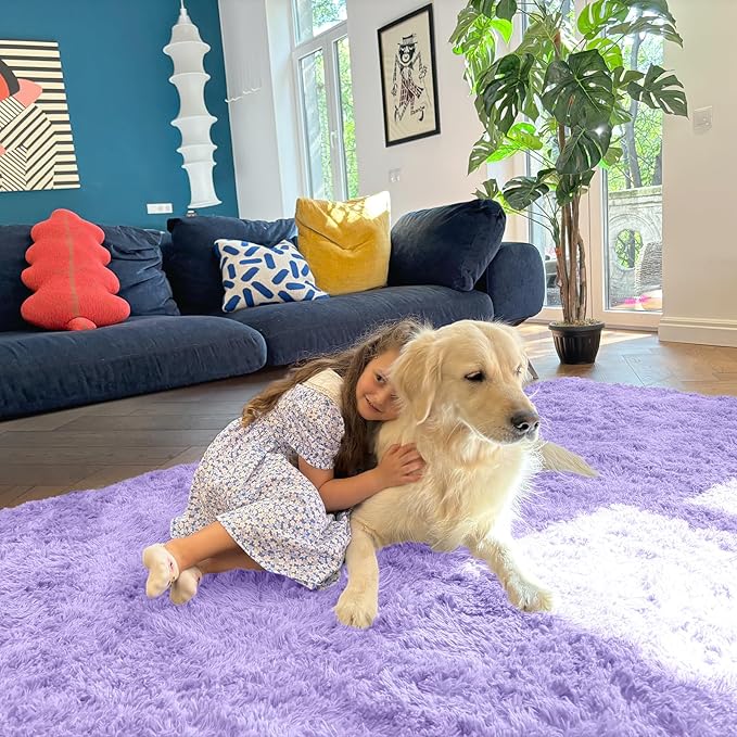 OLANLY 8x10 Machine Washable Large Area Rugs for Living Room, Bedroom, Soft Fluffy Shaggy Bedside Rug, Indoor Floor Carpet for Kids Girls and Boys, Dorms, Nursery, Home Decor Aesthetic, Light Purple