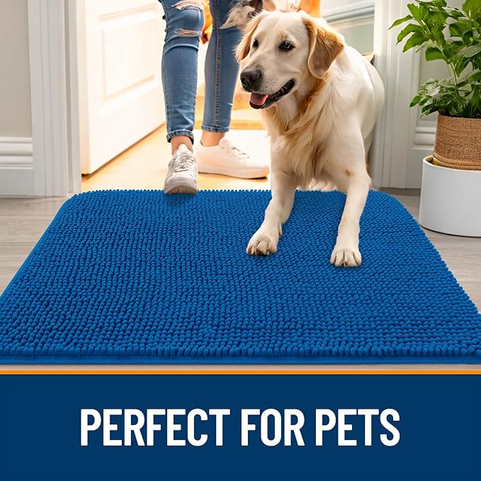 OLANLY Dog Door Mat for Muddy Paws 40x32, Absorbs Moisture and Dirt, Absorbent Non-Slip Washable Doormat, Quick Dry Chenille Mud Mat, Entry Indoor Entryway Carpet for Inside Floor, Deep Navy Blue