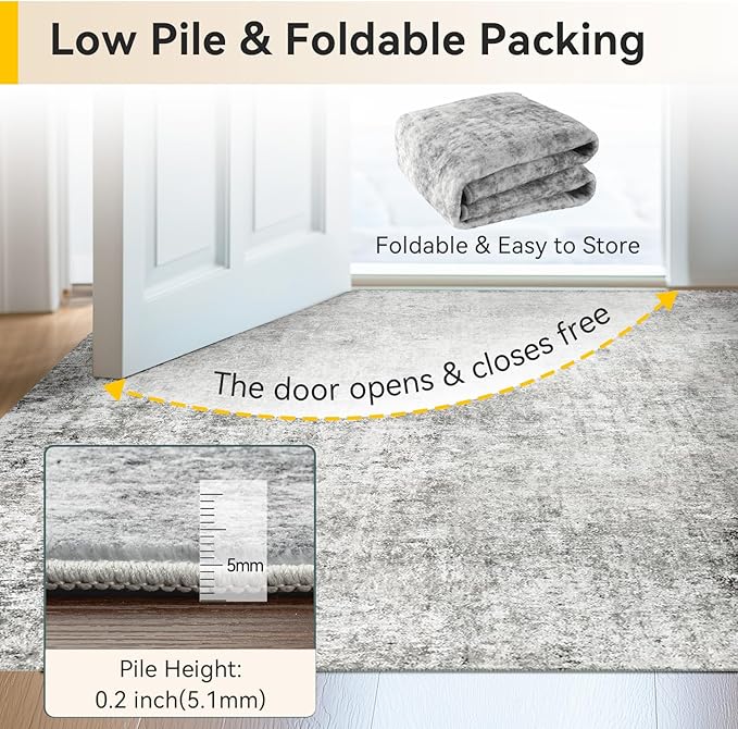 Washable Area Rugs 2'x10' Non-Slip Modern Abstract Soft for Living Room Entryway Bedroom Nursery, Print Pattern, Gray White Grey