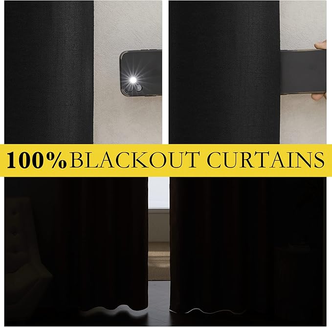 NICETOWN Vintage Open Linen Weave Flax Thermal Curtains, 100% Blackout Curtains 90" Long for Dining Room, Soundproof Window Treatment Drapes for Hall Room, Black, 62" Wide Per Panel, Set of 2