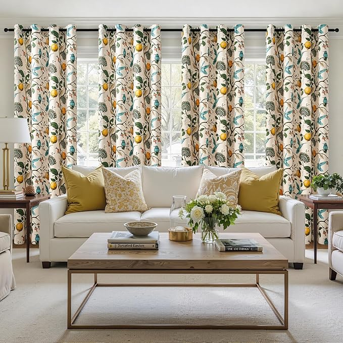 Topfinel 94 Inches Long Custom Window Treatments,Retro Art Deco Euro Flower Hummingbird Patterned Pretty Elegant Light Blocking Grommet Curtains Vintage Floral Curtains for Bedroom Playroom Room