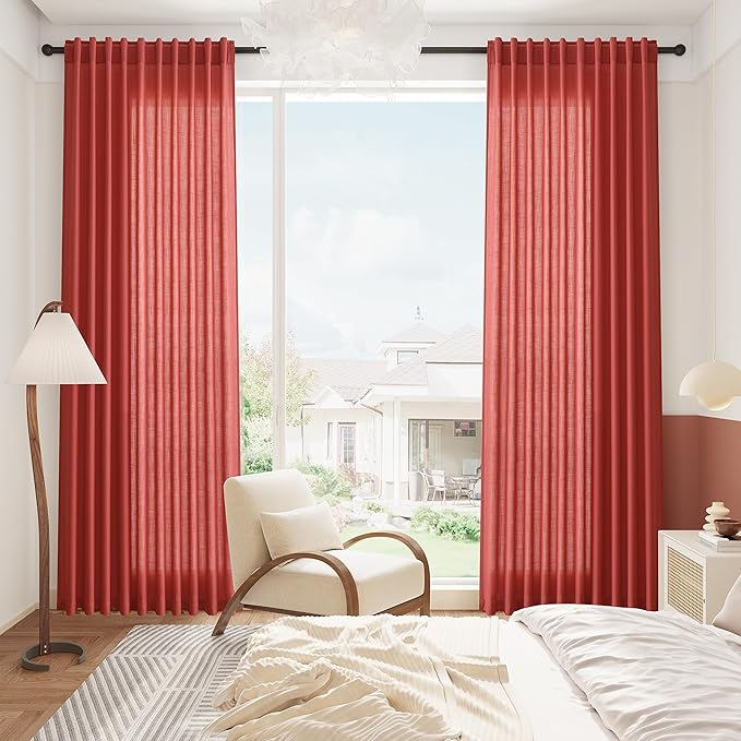 Nanspring Christmas Red Linen Curtains 96 Inches Long for Living Room Light Filtering Semi Sheer Curtain Back Tab Rod Pocket Vintage Rustic Luxury Home Decor Neutral Drapes for Bedroom 52x96, 2 Panels