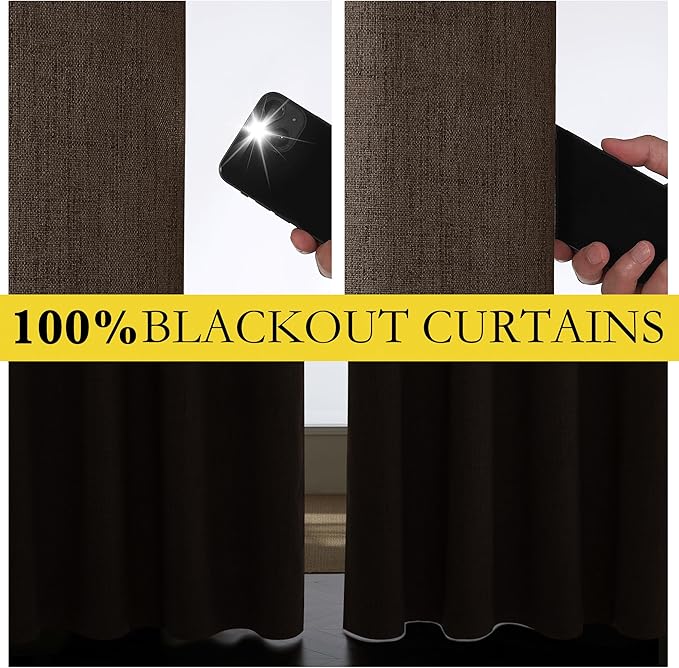 NICETOWN Coffee Vintage Linen 100% Blackout Curtains for Living Room, Thermal Insulated Curtains 84" Long, Noise Reducing Window Treatment Drapes for Dining Room, 62" Wide Per Panel, Set of 2