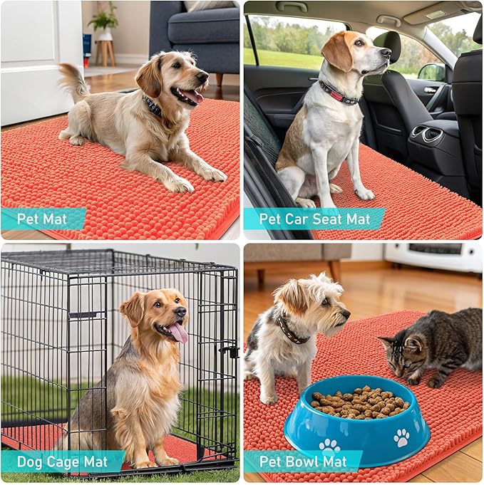 OLANLY Dog Door Mat for Muddy Paws 70x24, Absorbs Moisture and Dirt, Absorbent Non-Slip Washable Doormat, Quick Dry Chenille Mud Mat for Dogs, Entry Indoor Entryway Carpet for Inside Floor, Coral