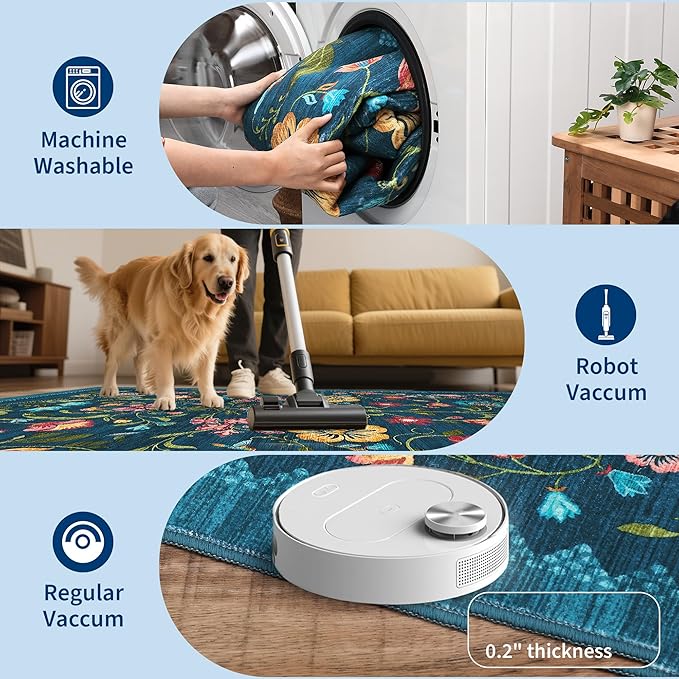 GarveeHome Washable Rug 3x5 Area Rugs for Living Room, Floral Rug for Bedroom, Soft Boho Non Slip Throw Rugs with Rubber Back, Low Pile Stain Resistant Vintage Floral Carpet for Dining Room, Blue