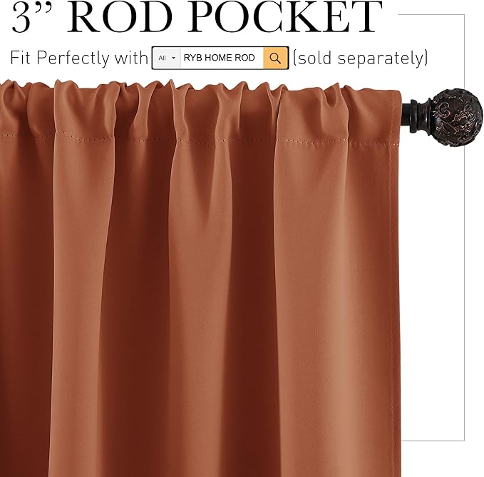 RYB HOME Blackout Bathroom Window Curtains, Short Thermal Insulated Heat Blocking Rod Pocket Half Window Curtain Tiers for Nursery Bedroom, Width 42 by Length 30, Burnt Orange, 2 Panels