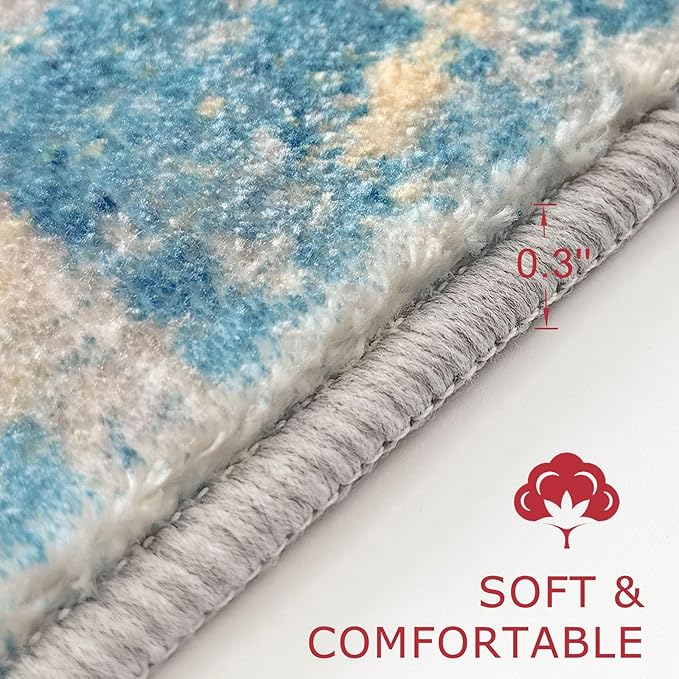 KOZYFLY Modern Abstract Rug Runner, 2x8, Blue, Low Pile, Machine Washable, Non-Slip, Recycled Fiber, Area Rug for Hallway, Kitchen, Bathroom, Bedroom