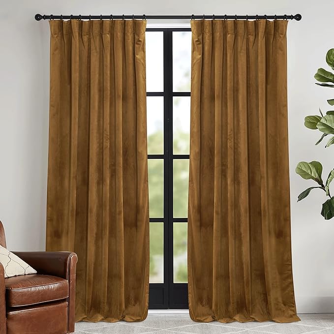 RYB HOME Gold Brown Velvet Curtains 102 inches with Hook Belt, Soft Fabric Room Darkening Thermal Insulated Luxurious Home Decor Curtains for Living Room Bedroom, W 52" x L 102", 2 Panels Set