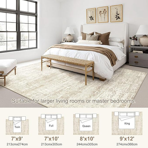 9x12 Area Rug Living Room Rugs - Washable Neutral Modern Abstract Soft Thin Rug Indoor Floor No Slip Rug Carpet for Bedroom Under Dining Table Home Office Decor - Beige/Brown