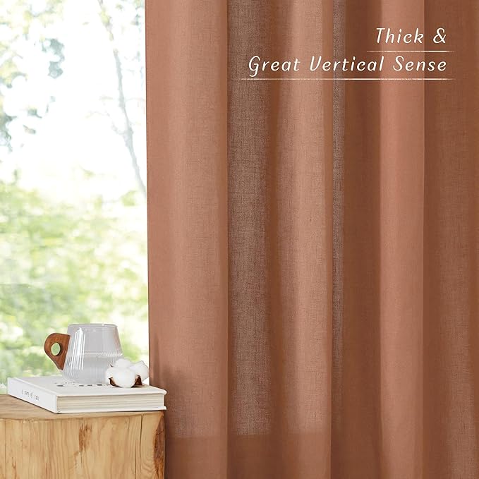 NICETOWN Caramel Linen Curtains for Kitchen, Thick Flax Small Window Treatments Semi Sheer Privacy Assured with Light Through for Cafe/Bathroom, W34 x L96, 2 Panels