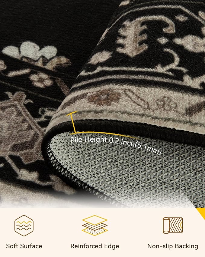 Area Rugs 4ft Washable Non-Slip, Floral Vintage Distress Print Pattern Medallion Carpet for Living Room Bedroom Dining Room, Black Brown Neutral Dark Tan