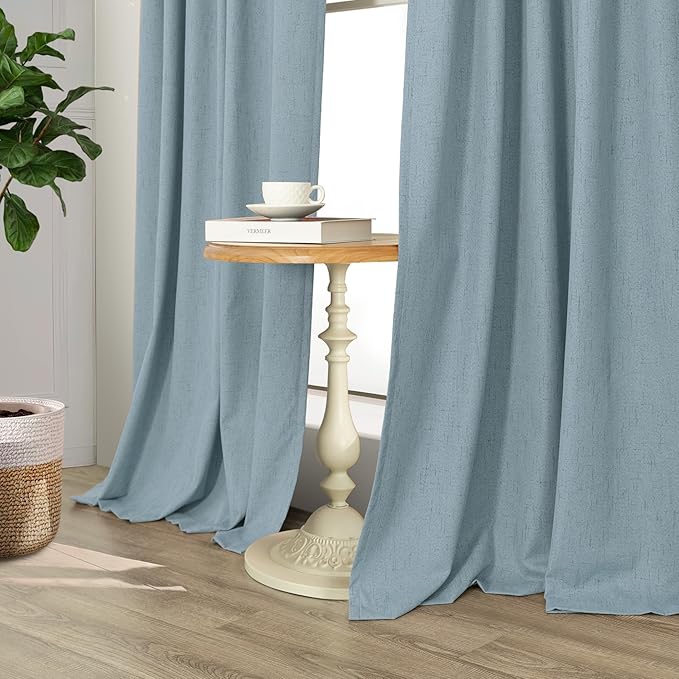 Light Blue Blackout Curtains 96 Inches Long for Living Room Country Rustic Faux Linen Black Out Thermal Insulated Darkening Curtain for Bedroom Patio Door 96 in Length 2 Panel Set Dusty Blue Grey Gray
