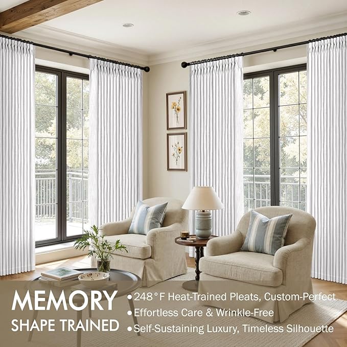 MIULEE Pinch Pleated White Thick Linen Curtains 90 Inches Long 2 Panels, Linen Texture Memory Trained Drapes for Living Room Bedroom, Pinch Pleat Back Tab Light Filtering Farmhouse Window Curtains