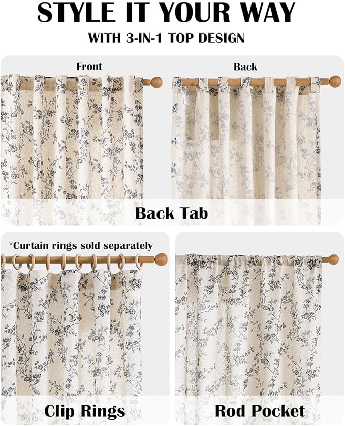 Lazzzy Farmhouse Linen Curtains Black Floral Curtains 84 Inch Length Back Tab Drapes for Living Room Bedroom Light Filtering Country Vintage Rod Pocket, 2 Panels, Black on Beige