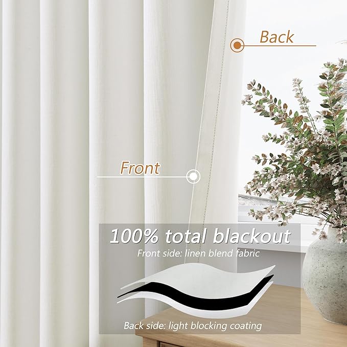 Guken Ivory 100% Blackout Linen Curtains 42 Inch Wide by 84 Inch for Living Room Bedroom Back Tab Rod Pocket Thermal Insulated Black Out Drapes Room Darkening Farmhouse Window Curtains