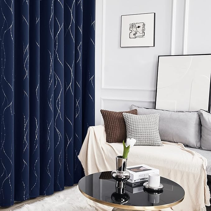 Deconovo Navy Blue Curtains, Blackout Curtain for Bedroom, 38 x 72 Inch, Thermal Insulated Soundproof Privacy Drapes with Silver Wave Dots Pattern, Grommet Top, Machine Washable Panel for Living Room