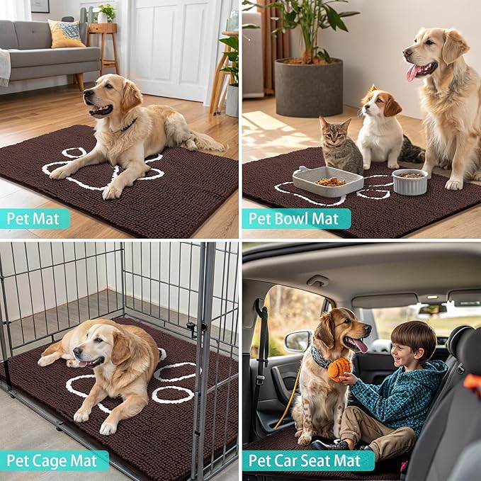 Smiry Dog Door Mat for Muddy Paws, Absorbent Dirt Trapper Non Slip Quick Dry Washable Chenille Mat for Mud Dogs, Entry Rug for Indoor and Outdoor (71x46 Inches, Brown and White)