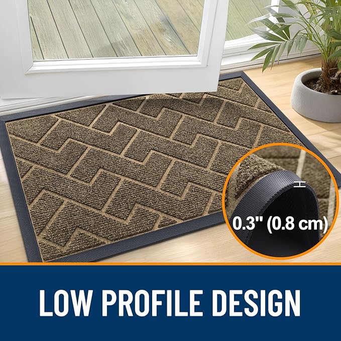 OLANLY Front Door Mat Indoor Outdoor Entrance, Waterproof All-Season, All-Weather Doormat, Sturdy Natural Rubber, Low Profile, Easy Clean Patio Porch Entryway Mat, Herringbone Brick (Brown, 71x47)
