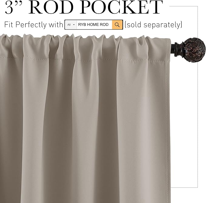 RYB HOME Basement Bathroom Kitchen Cafe Blackout Privacy Curtains, Short Insulating Light UV Heat Blocking Privacy Curtain Tiers for Laundry Room, Width 34 by Length 30, Sand, 2 Panels